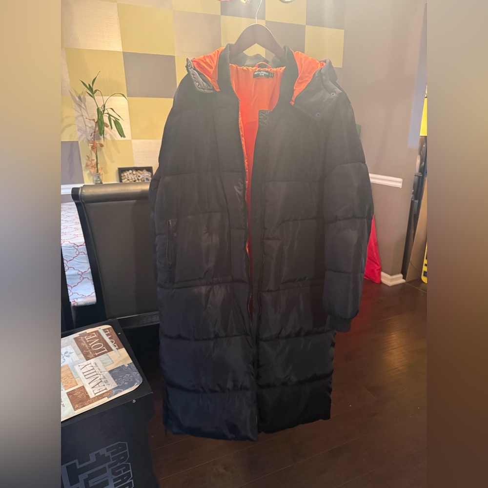 Black Puffer Coat with Orange Lining